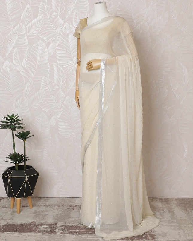 Elegant Cream Silk Chiffon Saree with silver border and Stone Work,110 cm Width, 5.5 Meters Piece-D19496 Regal Fabrics