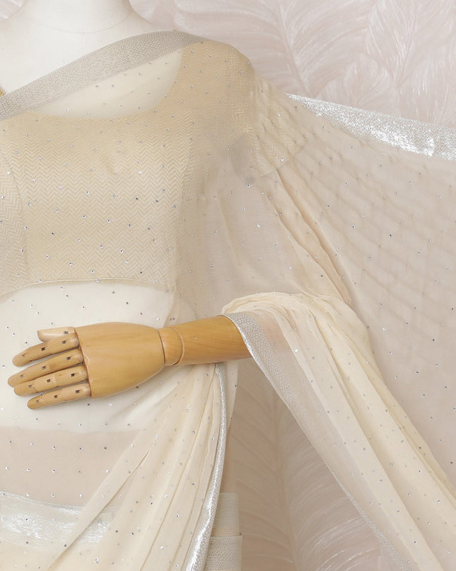 Elegant Cream Silk Chiffon Saree with silver border and Stone Work,110 cm Width, 5.5 Meters Piece-D19496 Regal Fabrics