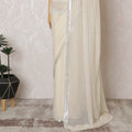 Elegant Cream Silk Chiffon Saree with silver border and Stone Work,110 cm Width, 5.5 Meters Piece-D19496
