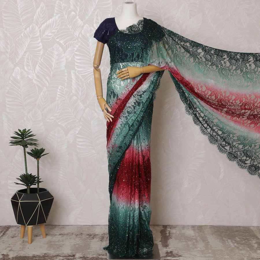 ساري دانتيل شانتيلي متدرج فرنسي أنيق مع عمل حجري من الأخضر إلى الأحمر، عرض 110 سم، قطعة 5.5 متر-D19497