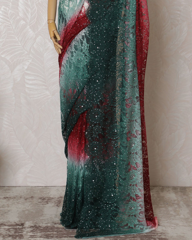 Elegant French Ombre Chantilly Lace Saree with Stone Work Green to Red,110 cm Width, 5.5 Meters Piece-D19497