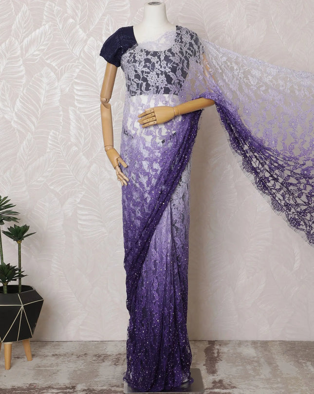 Stunning Purple French Ombre Chantilly Lace Saree with Stone Work,110 cm Width, 5.5 Meters Piece-D19498 Regal Fabrics