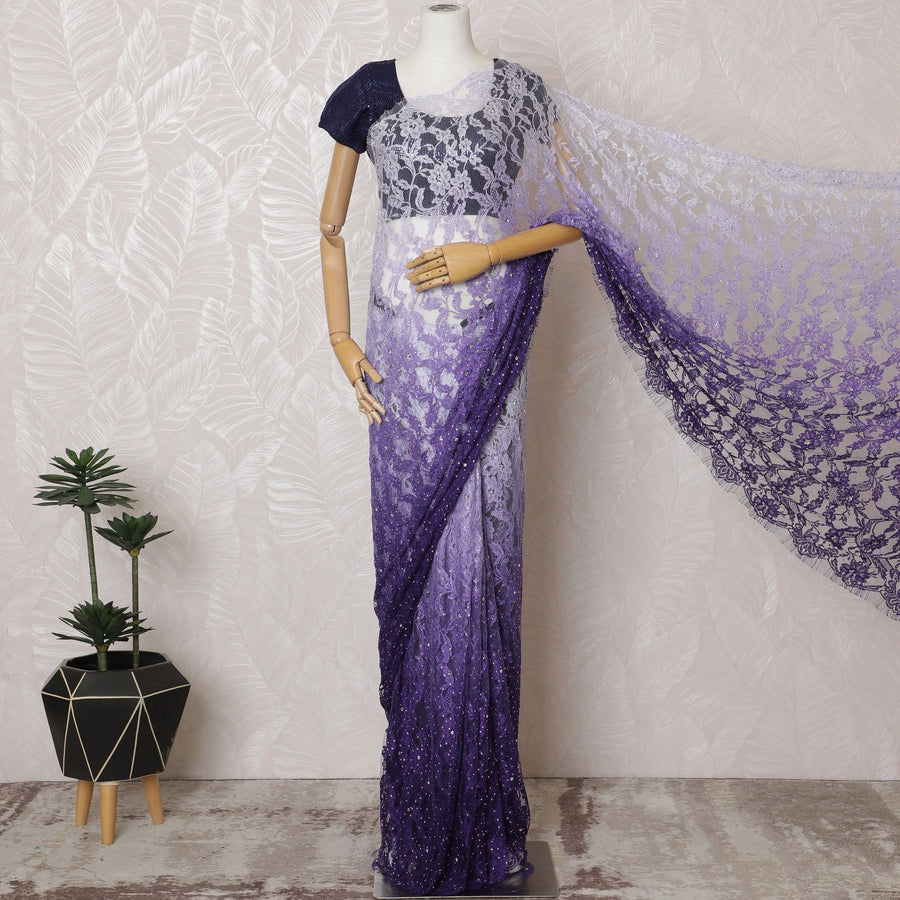 ساري دانتيل شانتيلي فرنسي أرجواني مذهل مع أعمال حجرية، عرض 110 سم، قطعة 5.5 متر-D19498