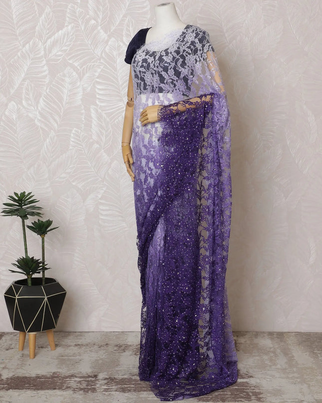 Stunning Purple French Ombre Chantilly Lace Saree with Stone Work,110 cm Width, 5.5 Meters Piece-D19498 Regal Fabrics
