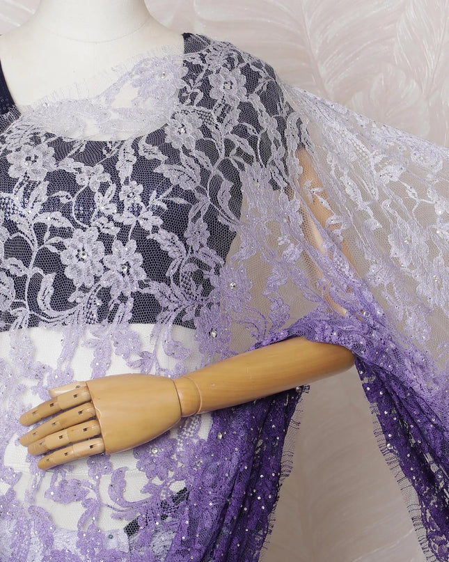 Stunning Purple French Ombre Chantilly Lace Saree with Stone Work,110 cm Width, 5.5 Meters Piece-D19498 Regal Fabrics