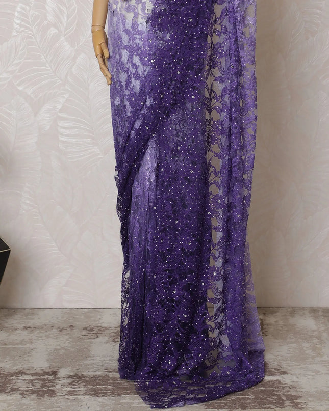 Stunning Purple French Ombre Chantilly Lace Saree with Stone Work,110 cm Width, 5.5 Meters Piece-D19498 Regal Fabrics