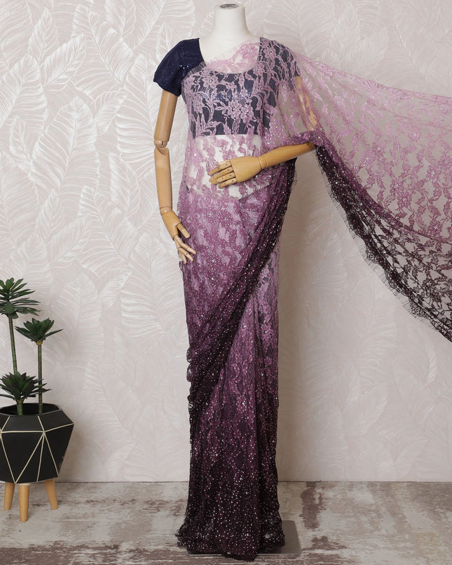 Elegant Pink French Ombre Chantilly Lace Saree with Stone Work,110 cm Width, 5.5 Meters Piece-D19499