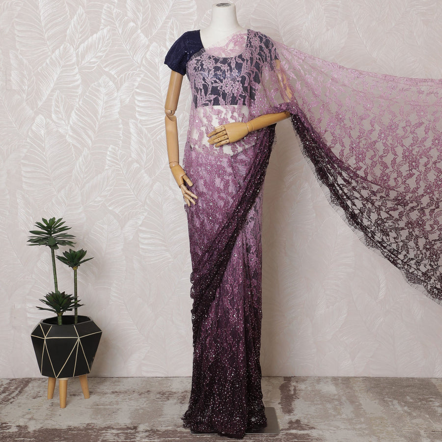 Elegant Pink French Ombre Chantilly Lace Saree with Stone Work,110 cm Width, 5.5 Meters Piece-D19499