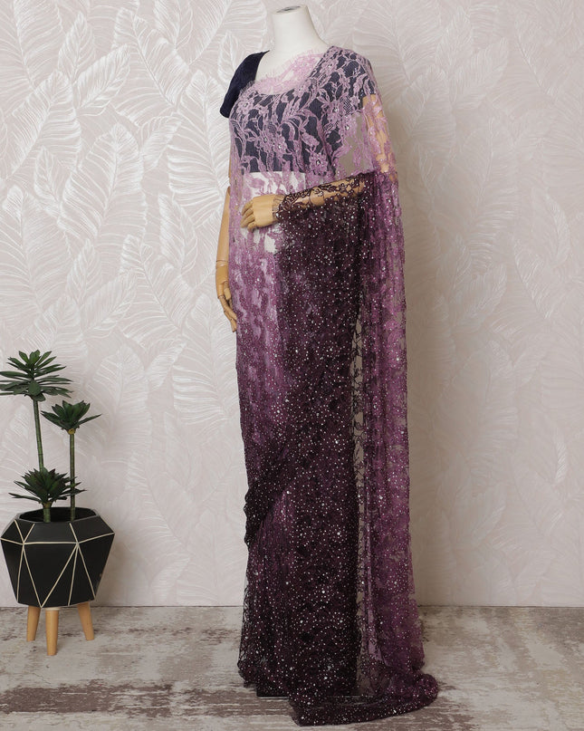 Elegant Pink French Ombre Chantilly Lace Saree with Stone Work,110 cm Width, 5.5 Meters Piece-D19499