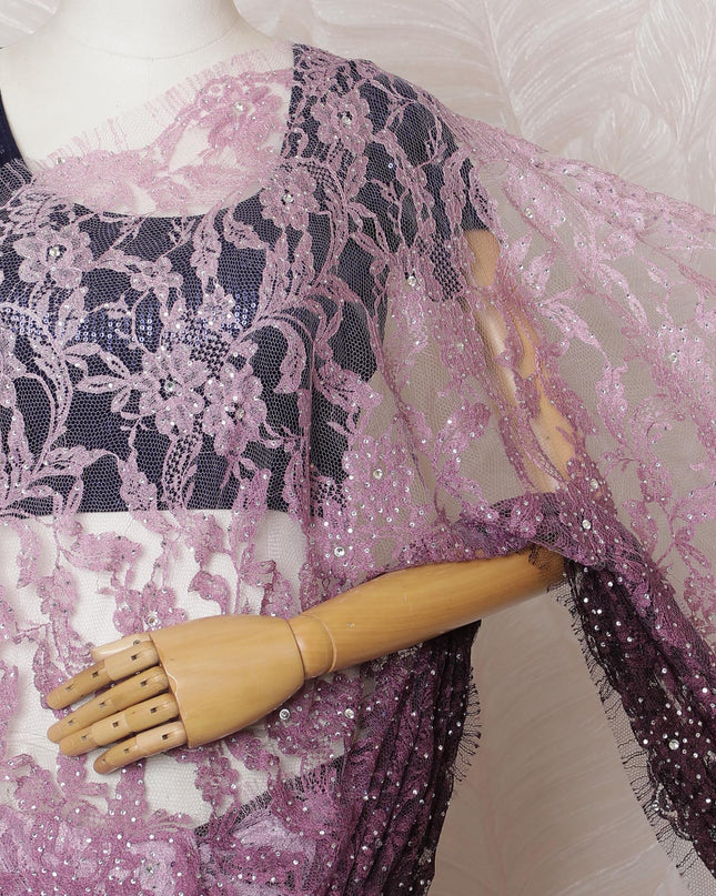 Elegant Pink French Ombre Chantilly Lace Saree with Stone Work,110 cm Width, 5.5 Meters Piece-D19499