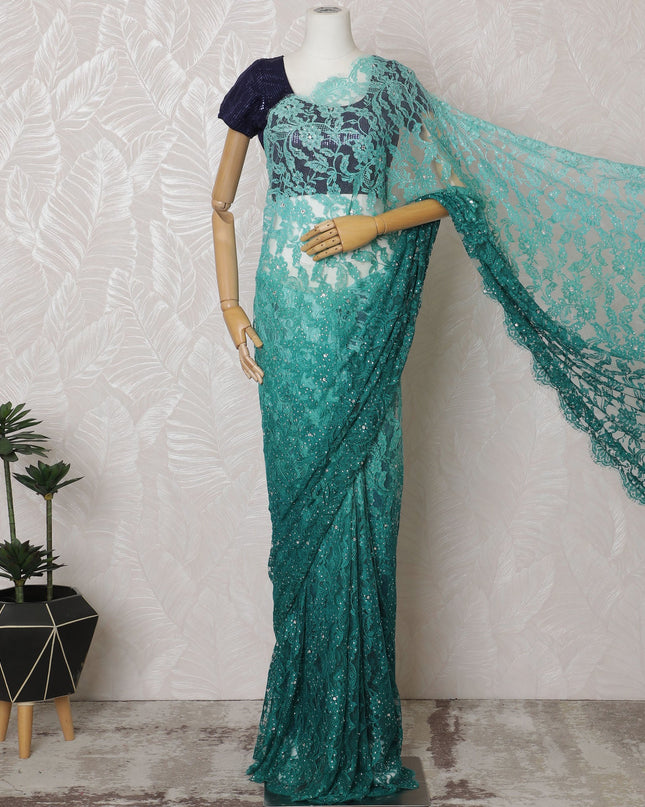 Stunning French Teal Ombre Chantilly Lace Saree with Stone Work,110 cm Width, 5.5 Meters Piece-D19500