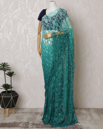 Stunning French Teal Ombre Chantilly Lace Saree with Stone Work,110 cm Width, 5.5 Meters Piece-D19500