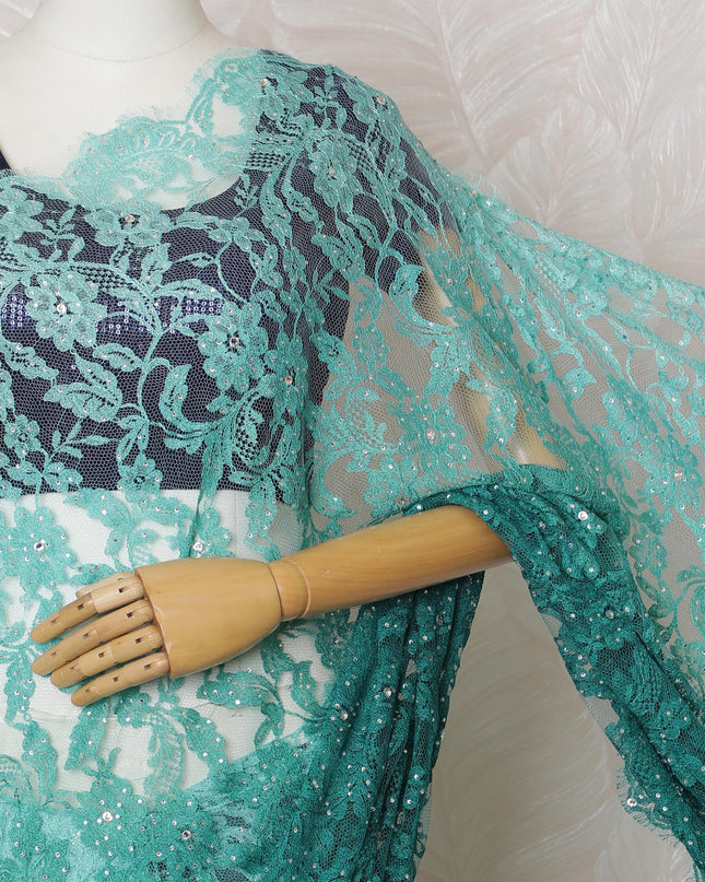 Stunning French Teal Ombre Chantilly Lace Saree with Stone Work,110 cm Width, 5.5 Meters Piece-D19500