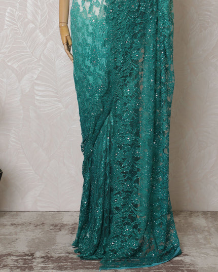 Stunning French Teal Ombre Chantilly Lace Saree with Stone Work,110 cm Width, 5.5 Meters Piece-D19500