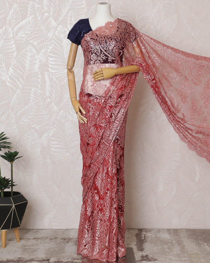 Elegant Red French metallic Chantilly Lace Saree with Stone Work,110 cm Width, 5.5 Meters Piece-D19501