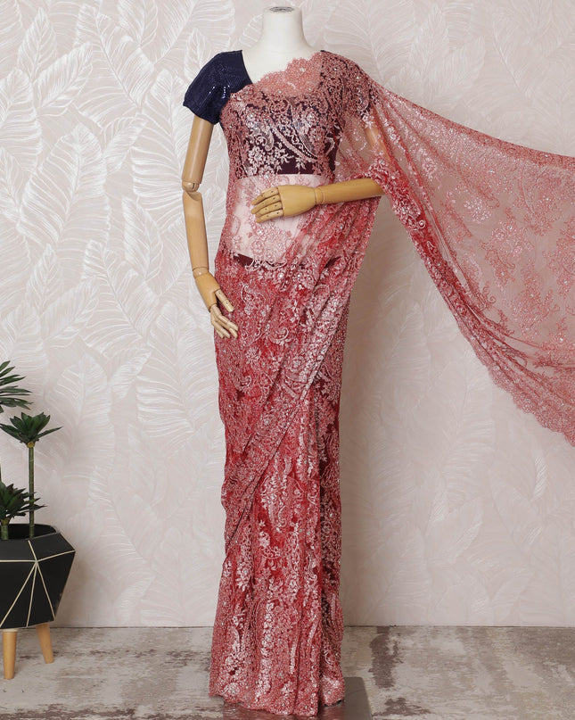 Elegant Red French metallic Chantilly Lace Saree with Stone Work,110 cm Width, 5.5 Meters Piece-D19501