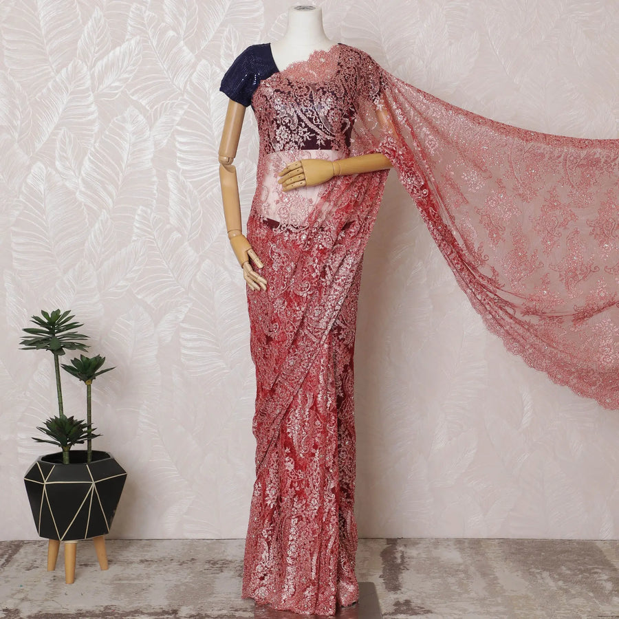 Elegant Red French metallic Chantilly Lace Saree with Stone Work,110 cm Width, 5.5 Meters Piece-D19501 Regal Fabrics