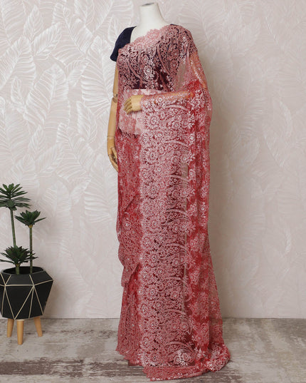 Elegant Red French metallic Chantilly Lace Saree with Stone Work,110 cm Width, 5.5 Meters Piece-D19501