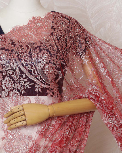 Elegant Red French metallic Chantilly Lace Saree with Stone Work,110 cm Width, 5.5 Meters Piece-D19501