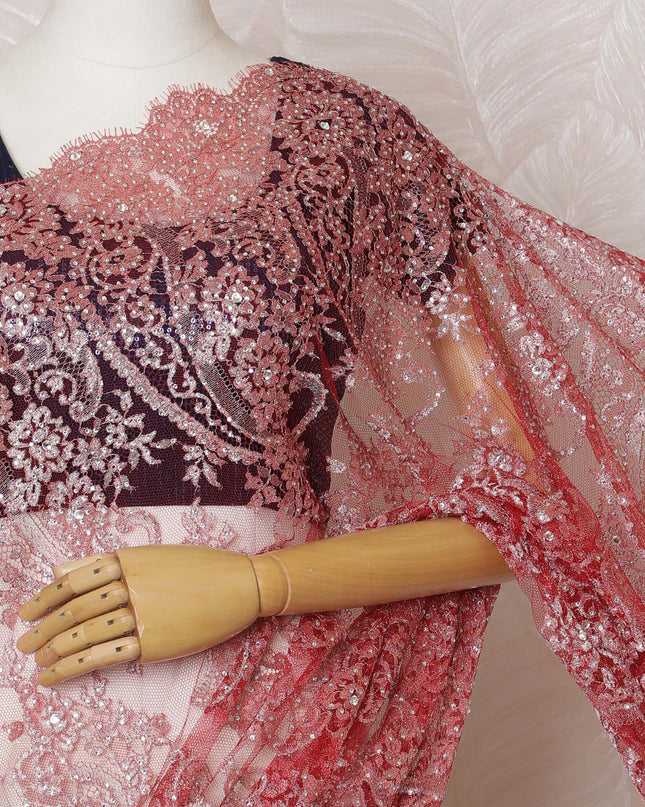 Elegant Red French metallic Chantilly Lace Saree with Stone Work,110 cm Width, 5.5 Meters Piece-D19501