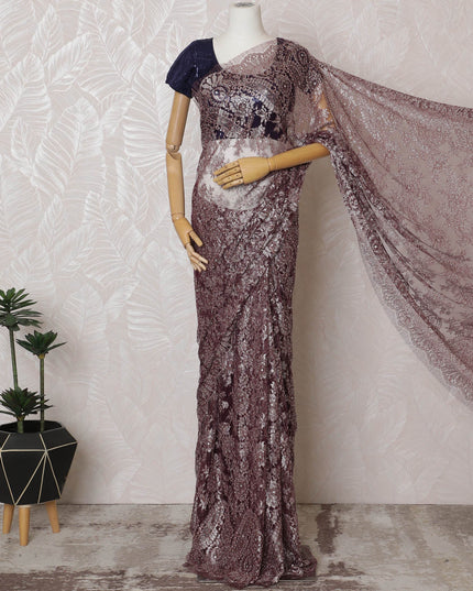 Elegant French Brown Chantilly Lace Saree with Stone Work,110 cm Width, 5.5 Meters Piece-D19502