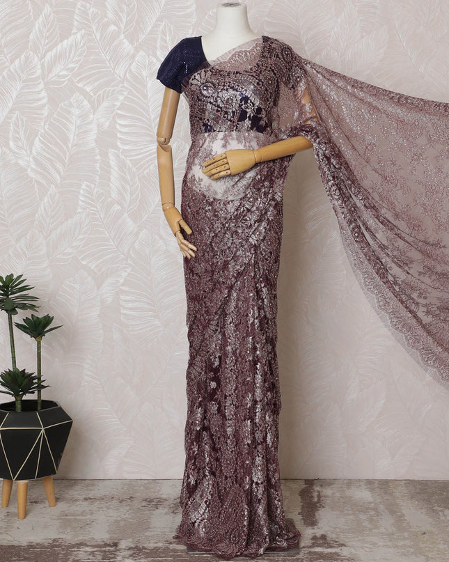 Elegant French Brown Chantilly Lace Saree with Stone Work,110 cm Width, 5.5 Meters Piece-D19502