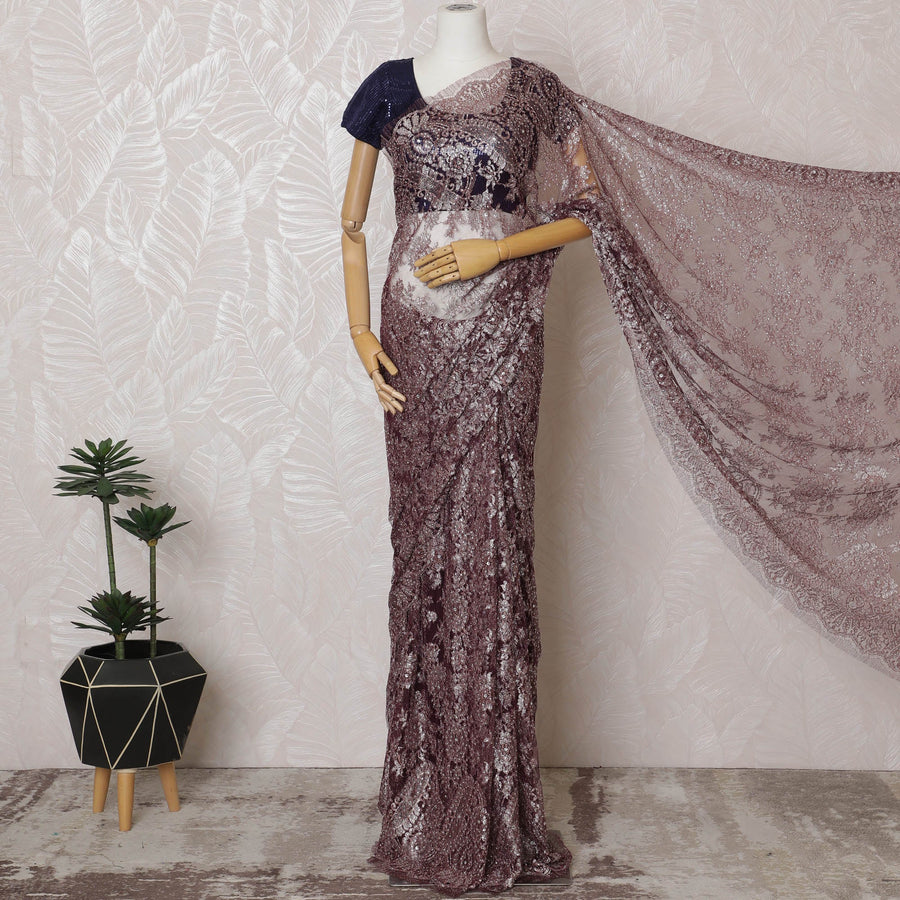 Elegant French Brown Chantilly Lace Saree with Stone Work,110 cm Width, 5.5 Meters Piece-D19502