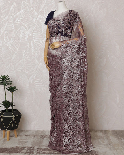 Elegant French Brown Chantilly Lace Saree with Stone Work,110 cm Width, 5.5 Meters Piece-D19502