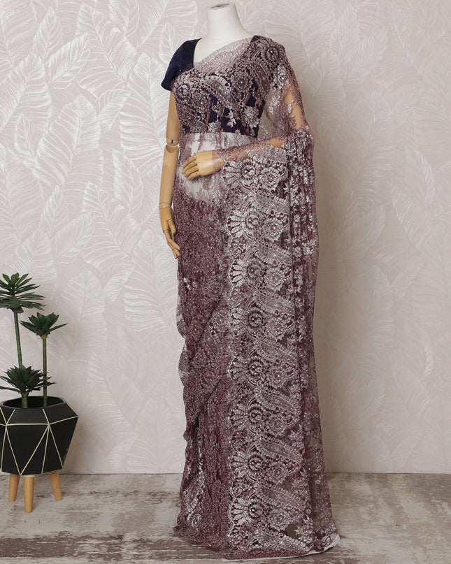 Elegant French Brown Chantilly Lace Saree with Stone Work,110 cm Width, 5.5 Meters Piece-D19502