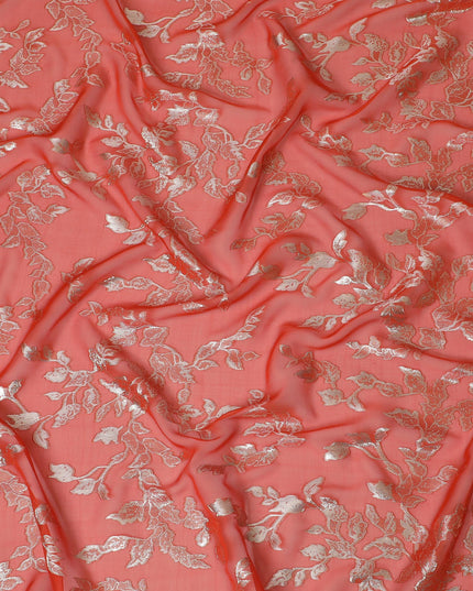 Elegant Coral Silk Chiffon Fabric with Metallic Lurex Floral Design, 110 cm Width, South Korea-D19711