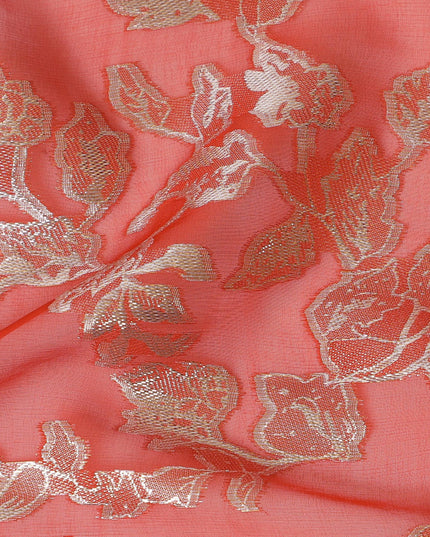 Elegant Coral Silk Chiffon Fabric with Metallic Lurex Floral Design, 110 cm Width, South Korea-D19711