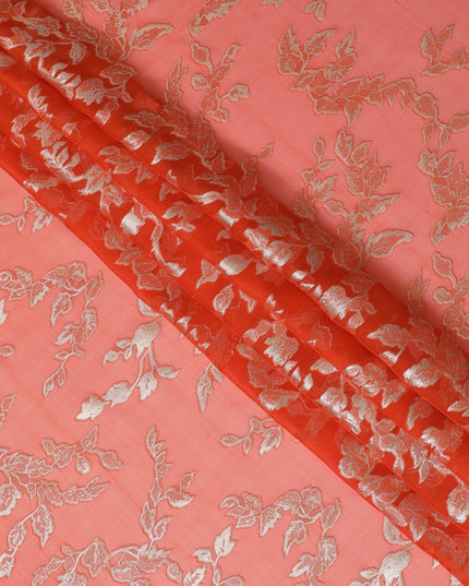 Elegant Coral Silk Chiffon Fabric with Metallic Lurex Floral Design, 110 cm Width, South Korea-D19711