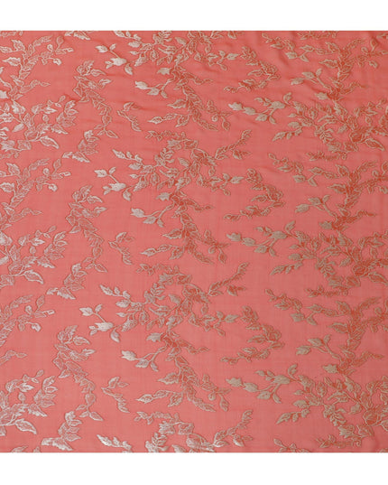 Elegant Coral Silk Chiffon Fabric with Metallic Lurex Floral Design, 110 cm Width, South Korea-D19711