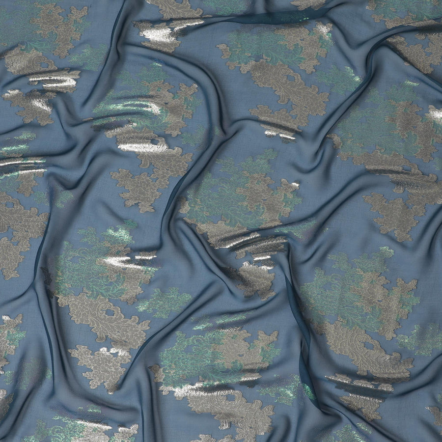 Elegant Slate Green Silk Chiffon Fabric with Metallic Lurex Floral Design, 110 cm Width, South Korea-D19712 - Regal Fabrics
