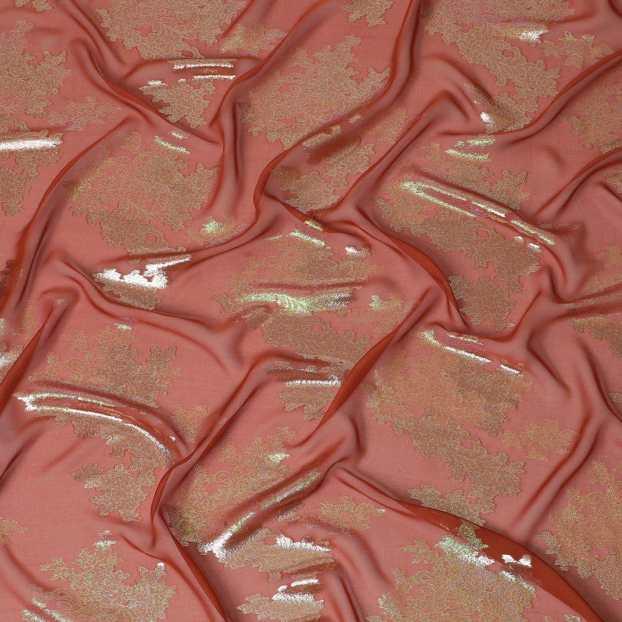 قماش شيفون حرير أحمر أنيق مع تصميم زهور لوركس ميتاليك، عرض 110 سم، كوريا الجنوبية-D19714