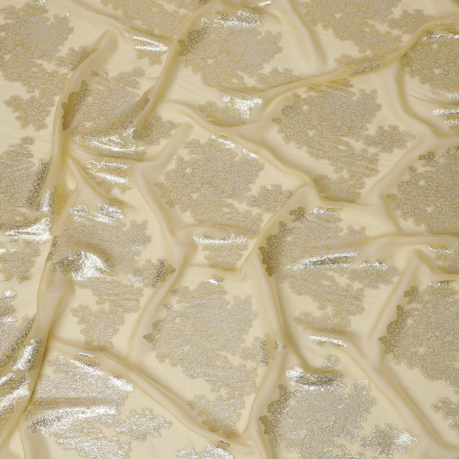 قماش شيفون حرير أصفر أشقر أنيق مع تصميم زهور لوركس ميتاليك، عرض 110 سم، كوريا الجنوبية-D19717