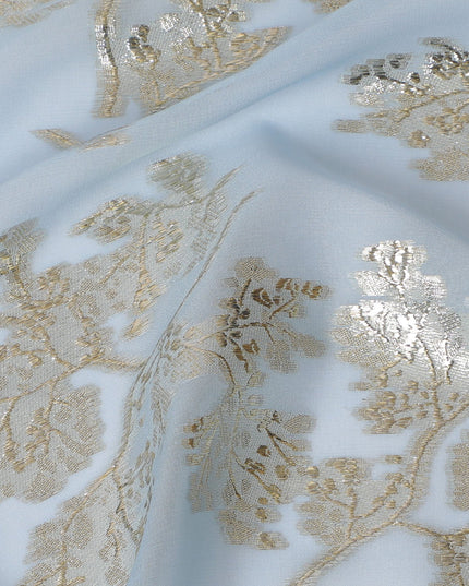 Elegant Light Blue Silk Chiffon Fabric with Metallic Lurex Floral Design, 110 cm Width, South Korea-D19724