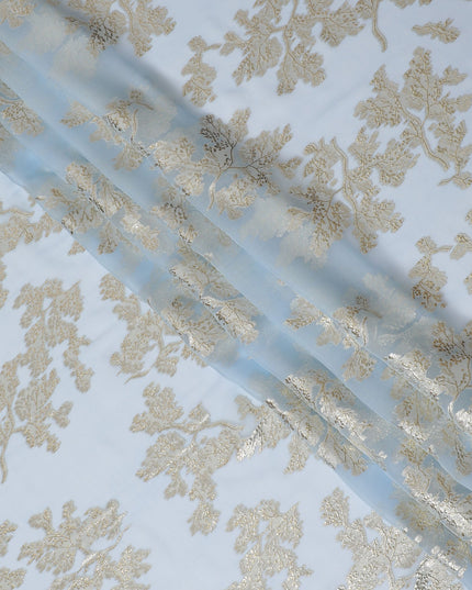 Elegant Light Blue Silk Chiffon Fabric with Metallic Lurex Floral Design, 110 cm Width, South Korea-D19724