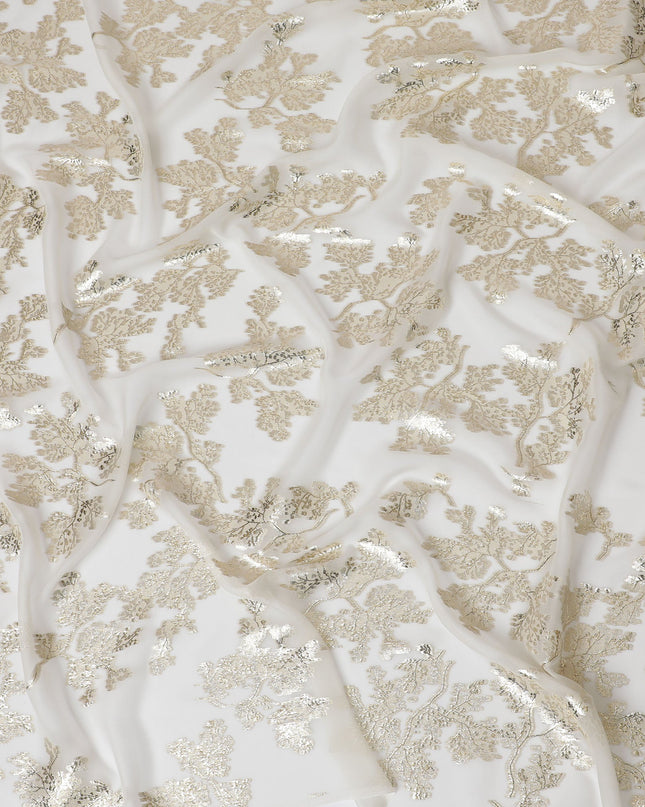 Elegant Off-White Silk Chiffon Fabric with Metallic Lurex Floral Design, 110 cm Width, South Korea-D19726