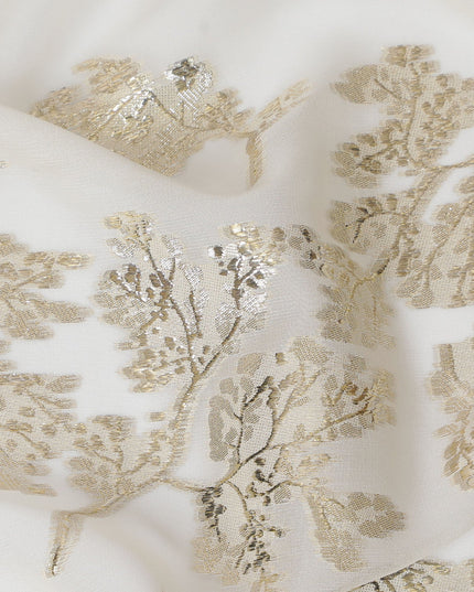 Elegant Off-White Silk Chiffon Fabric with Metallic Lurex Floral Design, 110 cm Width, South Korea-D19726