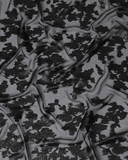 Elegant Black Silk Chiffon Fabric with Metallic Lurex Floral Design, 110 cm Width, South Korea-D19727