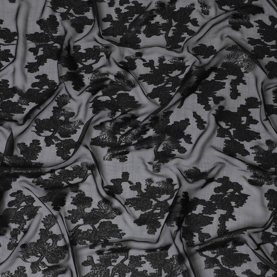 قماش شيفون حرير أسود أنيق مع تصميم زهور لوركس ميتاليك، عرض 110 سم، كوريا الجنوبية-D19727