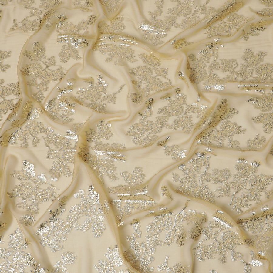 Elegant Gold Silk Chiffon Fabric with Metallic Lurex Floral Design, 110 cm Width, South Korea-D19728