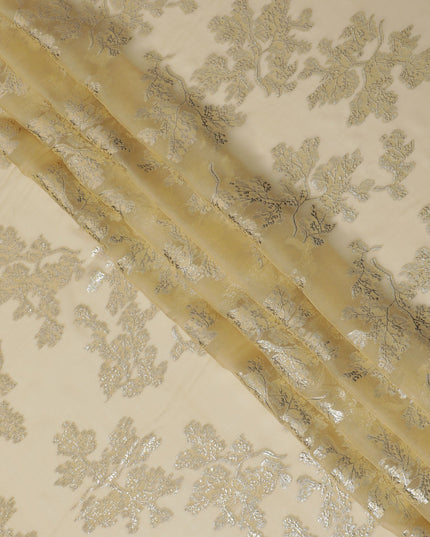 Elegant Gold Silk Chiffon Fabric with Metallic Lurex Floral Design, 110 cm Width, South Korea-D19728