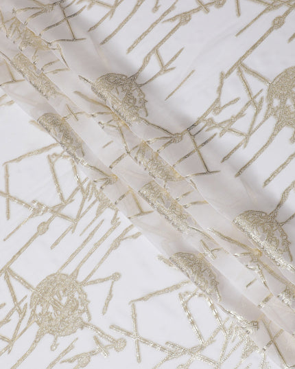 Elegant White Silk Chiffon Fabric with Metallic Lurex Geometric Floral Design, 110 cm Width, South Korea-D19729