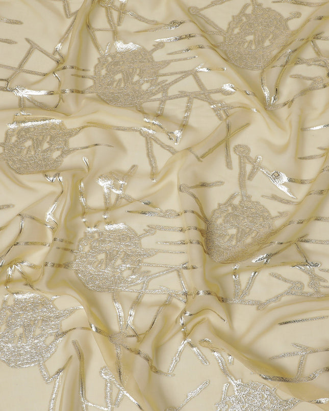 Elegant Gold Silk Chiffon Fabric with Metallic Lurex Geometric Floral Design, 110 cm Width, South Korea-D19730