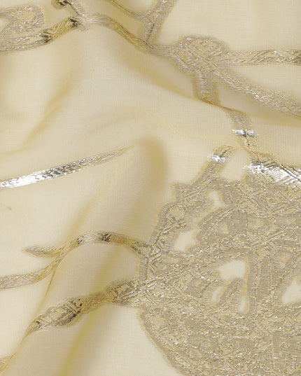 Elegant Gold Silk Chiffon Fabric with Metallic Lurex Geometric Floral Design, 110 cm Width, South Korea-D19730