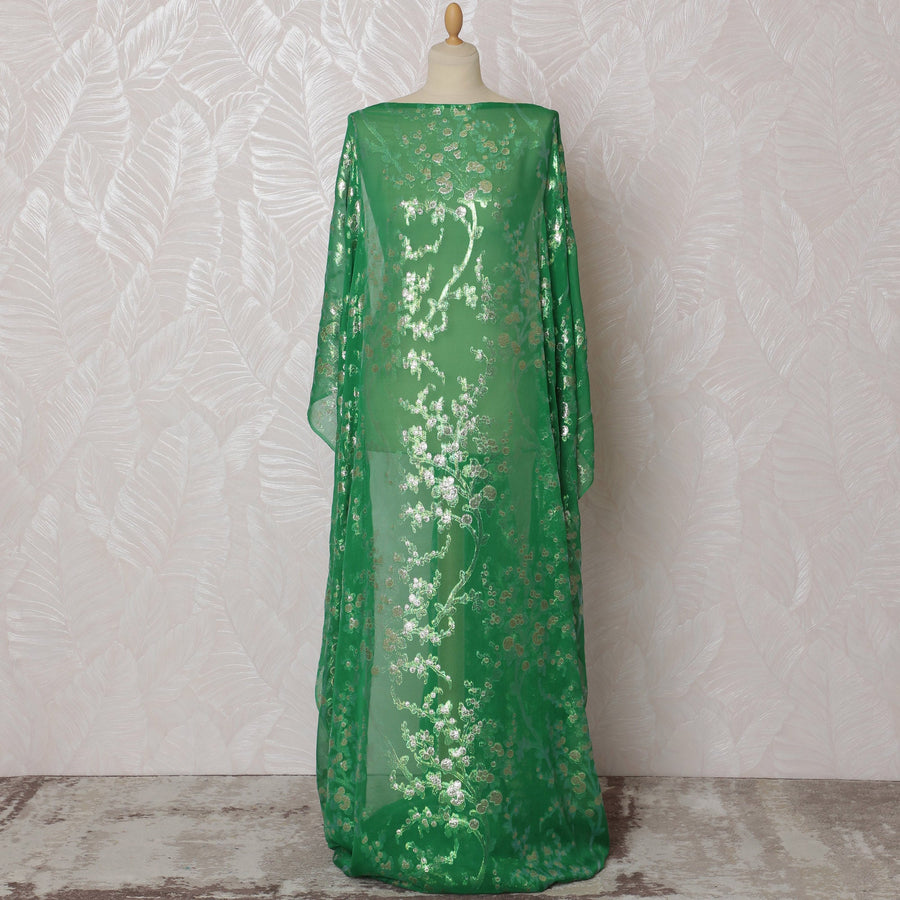 Emerald Green Traditional Somali Dirac Fabric in Pure Silk Chiffon with Metallic Lurex, 140 cm, 3.5 Meters, South Korean Fabric-D19861