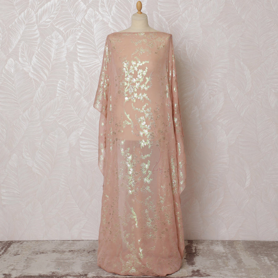 Peach Traditional Somali Dirac Fabric in Pure Silk Chiffon with Metallic Lurex, 140 cm, 3.5 Meters, South Korean Fabric-D19862