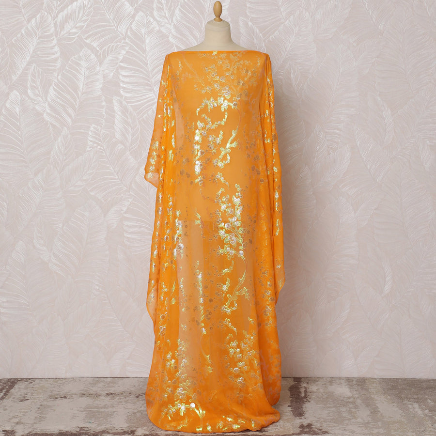 قماش ديراك صومالي تقليدي برتقالي ساطع من شيفون الحرير الخالص مع لوريكس معدني، 140 سم، 3.5 متر، قماش كوري جنوبي-D19863